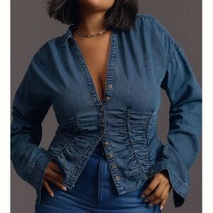 NWT Pilcro Anthropologie Denim Blue Jean Buttondown Long Sleeve Ruched Top XL